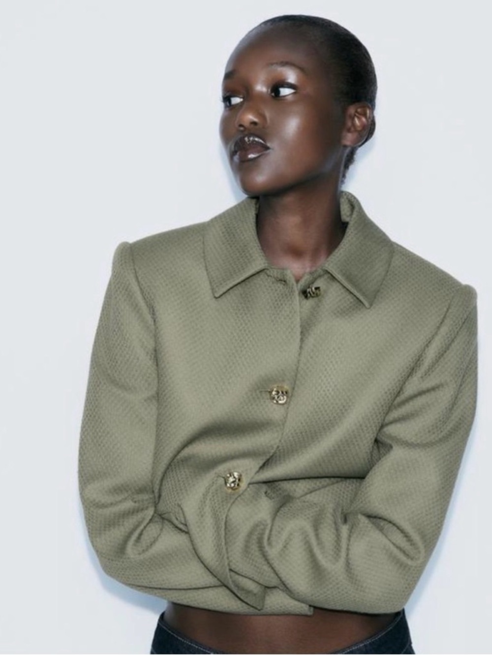Zara Piqué Blazer - Khaki Olive Green - Picture 3 of 8